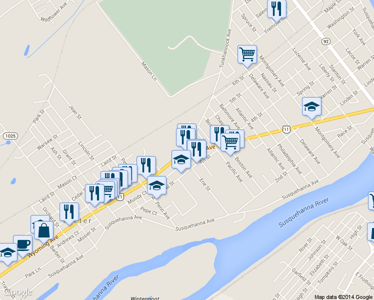 map of restaurants, bars, coffee shops, grocery stores, and more near 923 Tunkhannock Avenue in Luzerne County