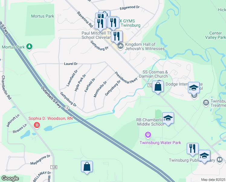 map of restaurants, bars, coffee shops, grocery stores, and more near 2058 Hermitage Drive in Twinsburg