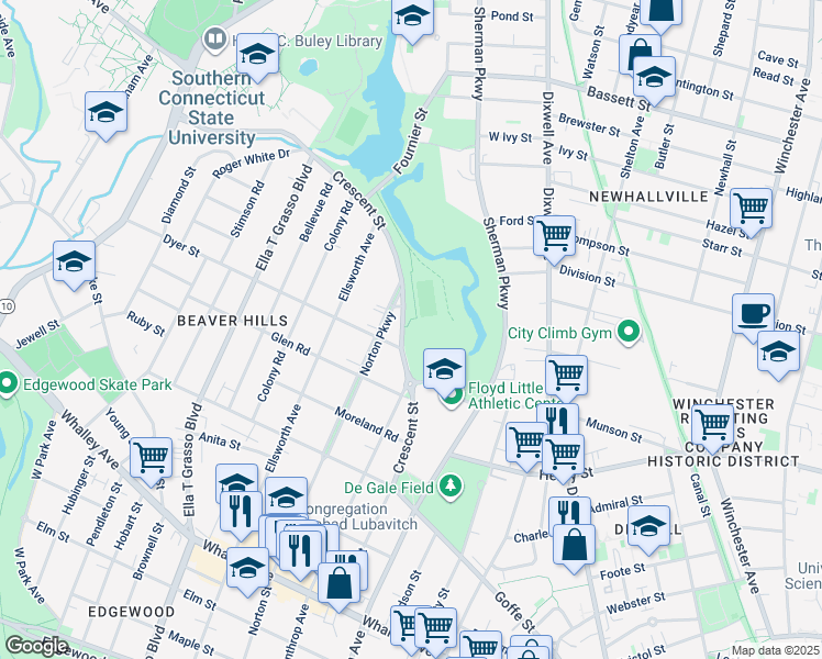map of restaurants, bars, coffee shops, grocery stores, and more near 175 Crescent Street in New Haven