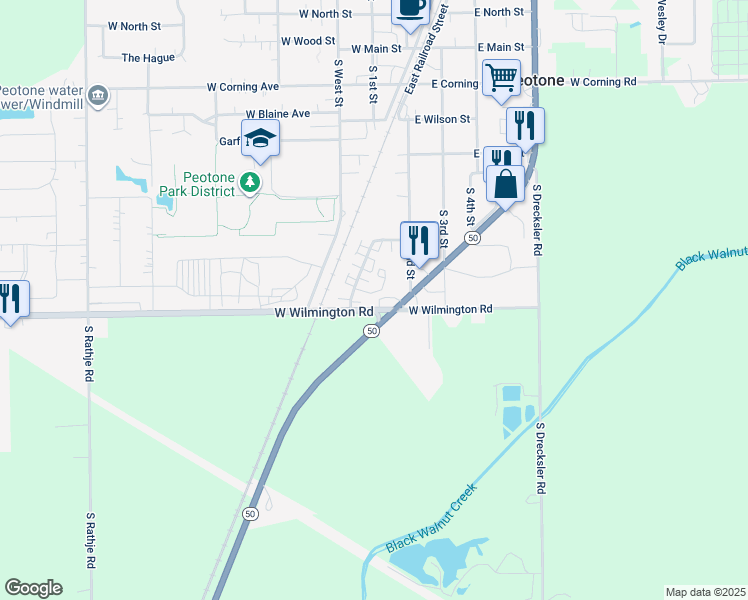 map of restaurants, bars, coffee shops, grocery stores, and more near 108 Orchard Court in Peotone