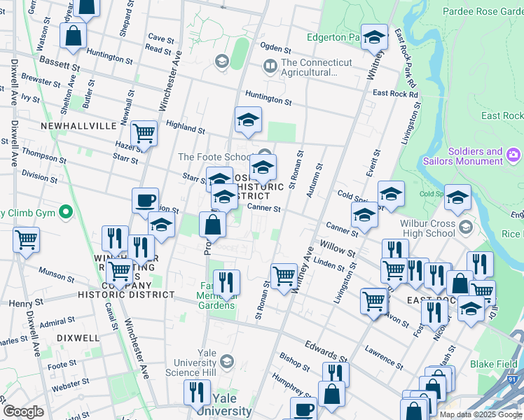 map of restaurants, bars, coffee shops, grocery stores, and more near 320 Canner Street in New Haven