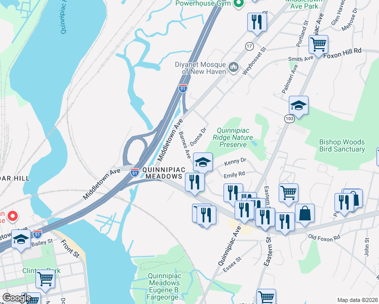 map of restaurants, bars, coffee shops, grocery stores, and more near 63 Barnes Avenue in New Haven