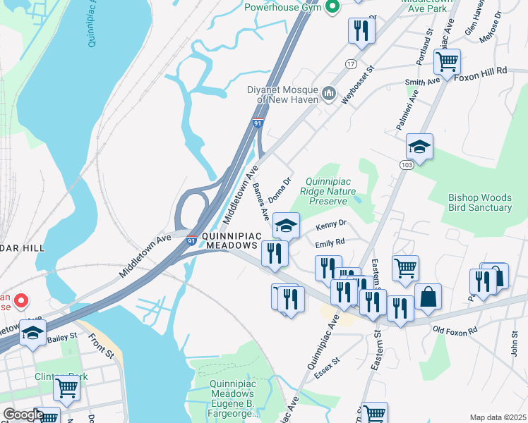 map of restaurants, bars, coffee shops, grocery stores, and more near 63 Barnes Avenue in New Haven