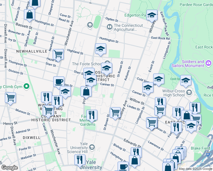 map of restaurants, bars, coffee shops, grocery stores, and more near 320 Canner Street in New Haven
