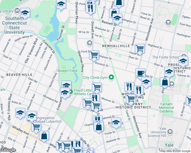 map of restaurants, bars, coffee shops, grocery stores, and more near 433 Dixwell Avenue in New Haven