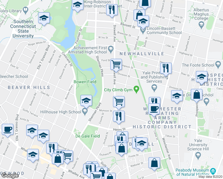 map of restaurants, bars, coffee shops, grocery stores, and more near 432 Dixwell Avenue in New Haven