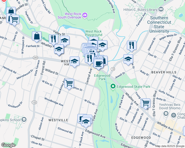 map of restaurants, bars, coffee shops, grocery stores, and more near 591 Central Avenue in New Haven