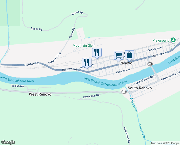 map of restaurants, bars, coffee shops, grocery stores, and more near 301 Huron Avenue in Renovo