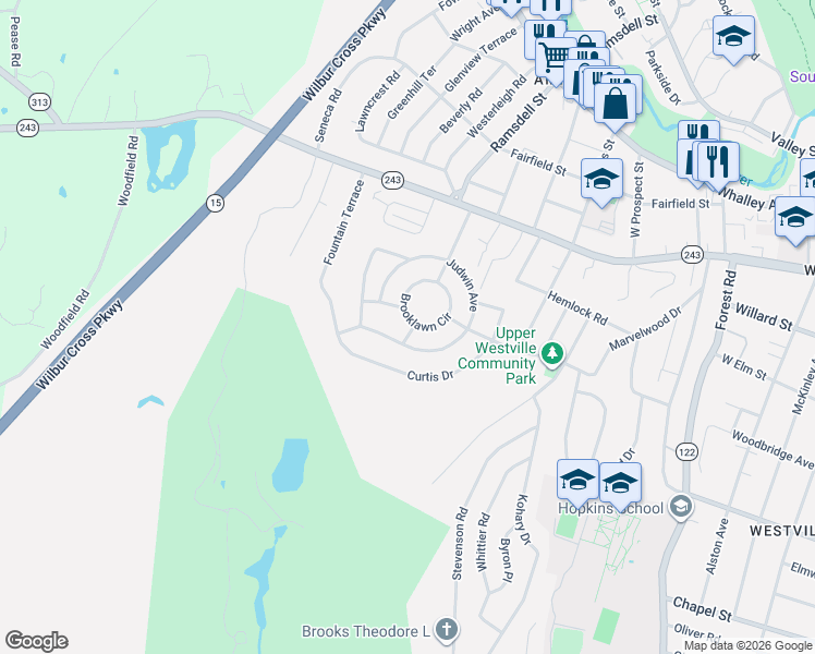 map of restaurants, bars, coffee shops, grocery stores, and more near 96 Brooklawn Circle in New Haven