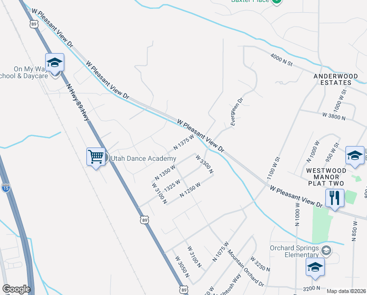 map of restaurants, bars, coffee shops, grocery stores, and more near 3282 North 1375 West in Pleasant View