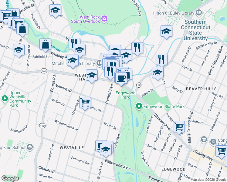 map of restaurants, bars, coffee shops, grocery stores, and more near 591 Central Avenue in New Haven