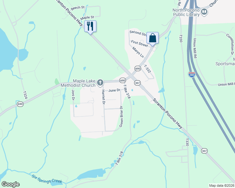 map of restaurants, bars, coffee shops, grocery stores, and more near 8 Green Briar Drive in Lackawanna County