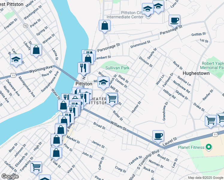 map of restaurants, bars, coffee shops, grocery stores, and more near 68 Carroll St in Pittston