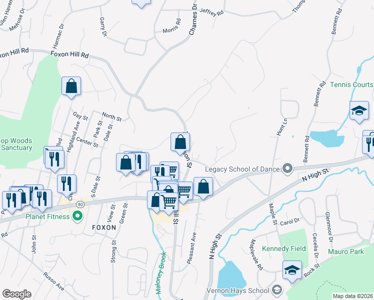 map of restaurants, bars, coffee shops, grocery stores, and more near 107 Thompson Street in East Haven