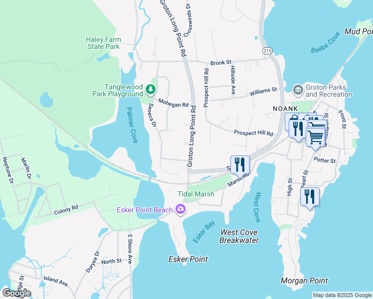 map of restaurants, bars, coffee shops, grocery stores, and more near 824 Groton Long Point Road in Groton