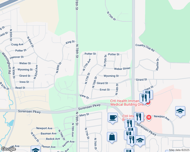 map of restaurants, bars, coffee shops, grocery stores, and more near 7318 North 76th Street in Omaha