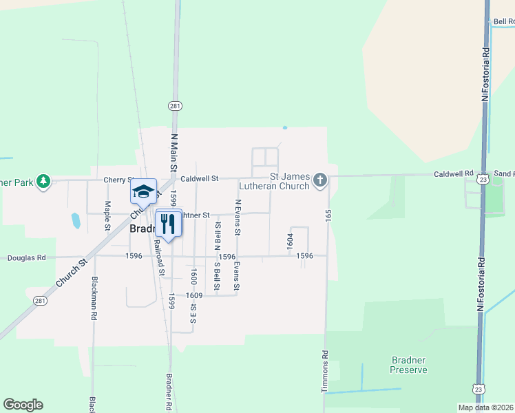 map of restaurants, bars, coffee shops, grocery stores, and more near 426 Grove Street in Bradner