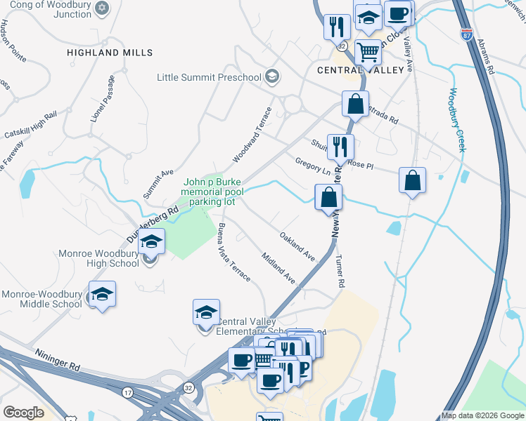 map of restaurants, bars, coffee shops, grocery stores, and more near 50 Oakland Avenue in Woodbury