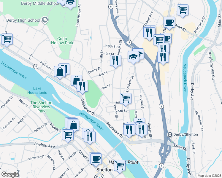 map of restaurants, bars, coffee shops, grocery stores, and more near 62 Hawkins Street in Derby