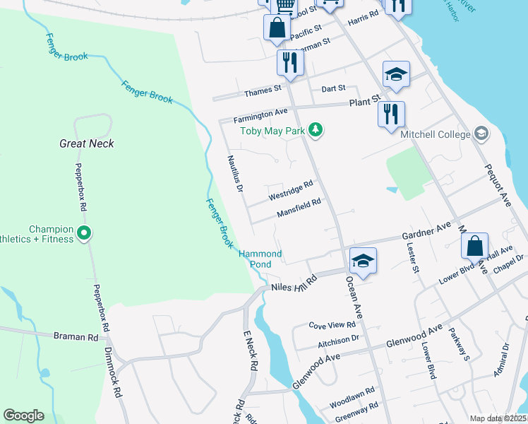 map of restaurants, bars, coffee shops, grocery stores, and more near 83 Mansfield Road in New London