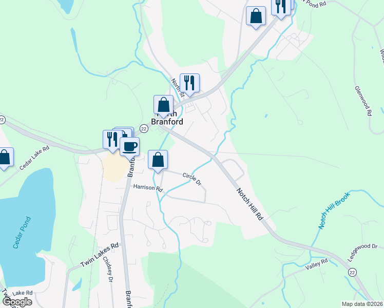 map of restaurants, bars, coffee shops, grocery stores, and more near 292 Notch Hill Road in North Branford