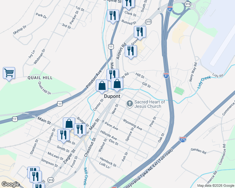 map of restaurants, bars, coffee shops, grocery stores, and more near Highway 315 in Dupont