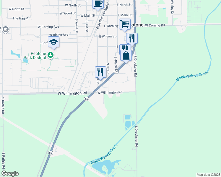 map of restaurants, bars, coffee shops, grocery stores, and more near 517 South 3rd Street in Peotone