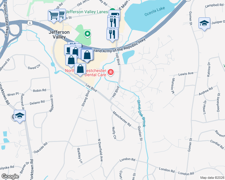map of restaurants, bars, coffee shops, grocery stores, and more near 406 High Meadow Lane in Yorktown Heights