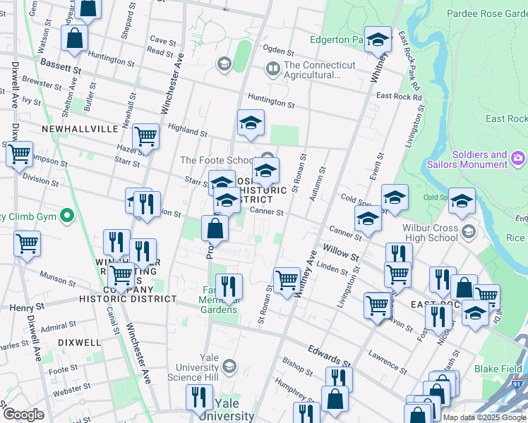 map of restaurants, bars, coffee shops, grocery stores, and more near 320 Canner Street in New Haven
