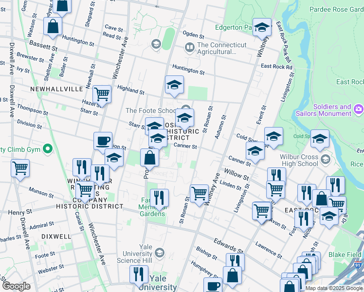 map of restaurants, bars, coffee shops, grocery stores, and more near 320 Canner Street in New Haven