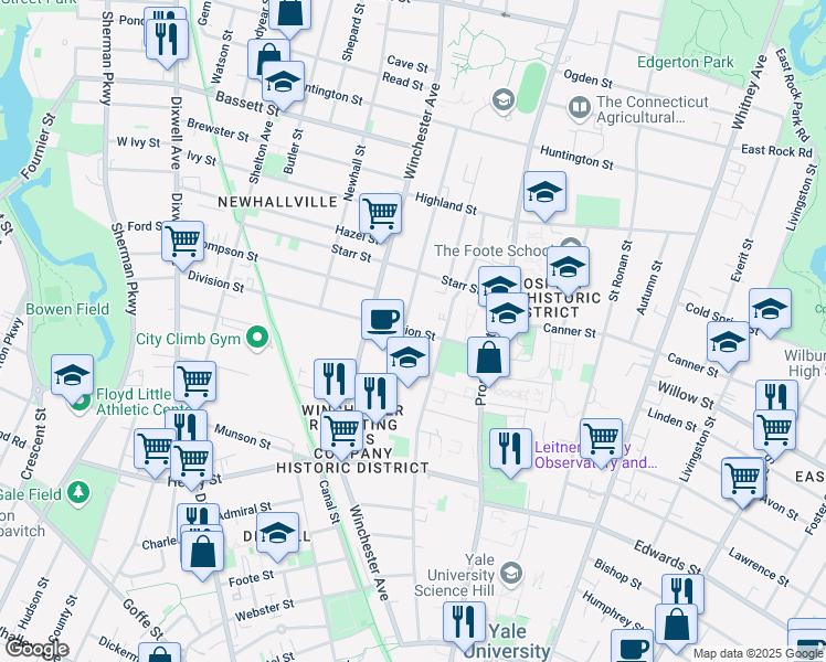 map of restaurants, bars, coffee shops, grocery stores, and more near in New Haven