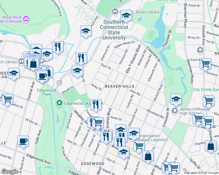 map of restaurants, bars, coffee shops, grocery stores, and more near 141 Osborn Avenue in New Haven