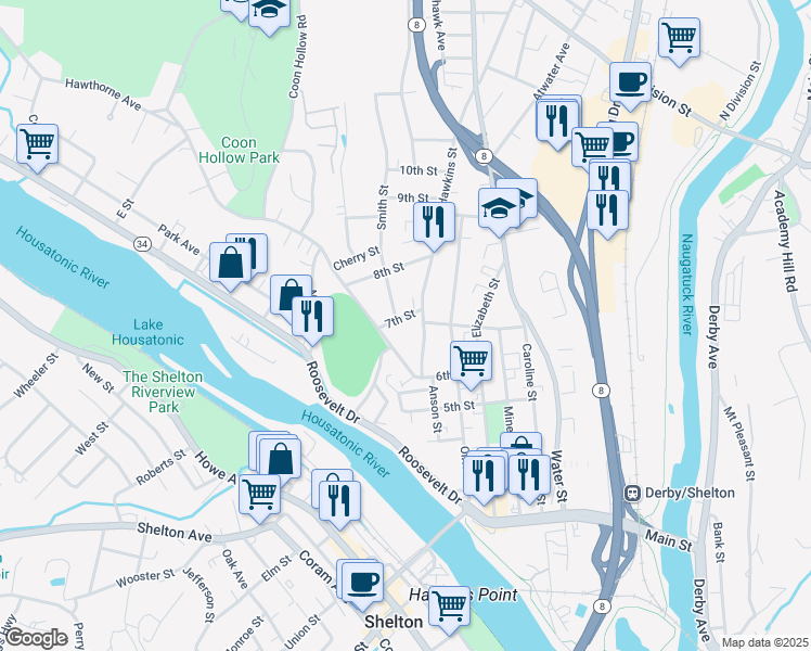 map of restaurants, bars, coffee shops, grocery stores, and more near 52 Hawkins Street in Derby