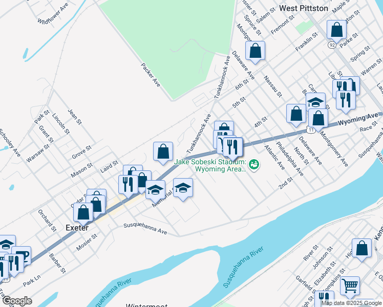 map of restaurants, bars, coffee shops, grocery stores, and more near 923 Tunkhannock Avenue in Luzerne County