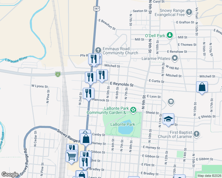 map of restaurants, bars, coffee shops, grocery stores, and more near 1451 North 5th Street in Laramie