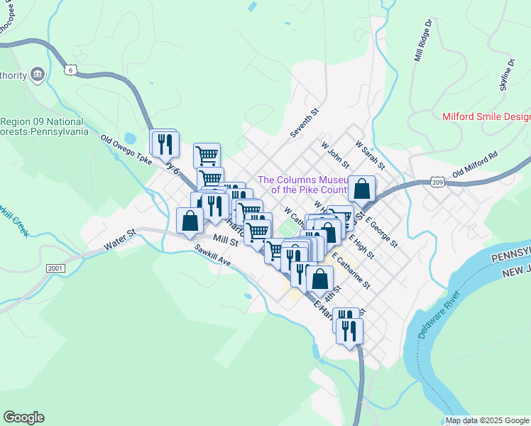 map of restaurants, bars, coffee shops, grocery stores, and more near 301 West Ann Street in Milford