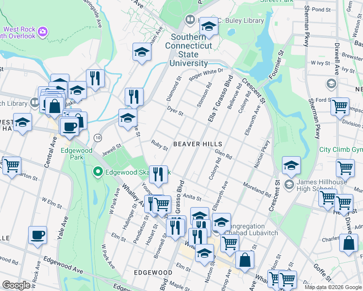 map of restaurants, bars, coffee shops, grocery stores, and more near 141 Osborn Avenue in New Haven