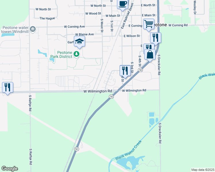 map of restaurants, bars, coffee shops, grocery stores, and more near 536 Schroeder Avenue in Peotone