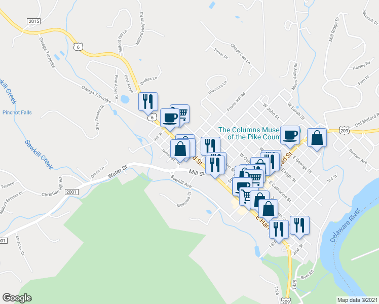 map of restaurants, bars, coffee shops, grocery stores, and more near 399 West Harford Street in Milford