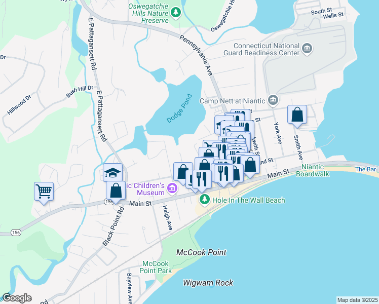 map of restaurants, bars, coffee shops, grocery stores, and more near 38 Hope Street in East Lyme