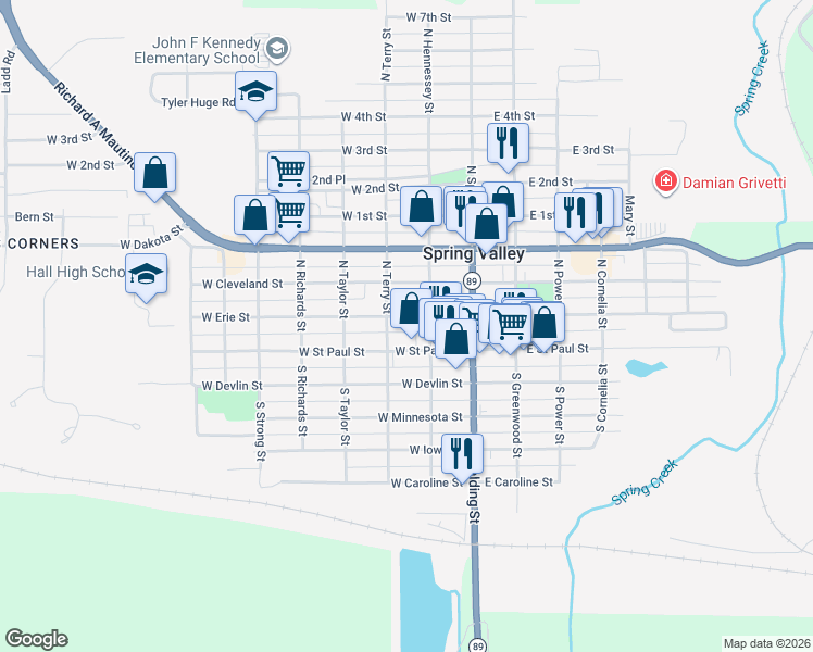 map of restaurants, bars, coffee shops, grocery stores, and more near 214 West Saint Paul Street in Spring Valley