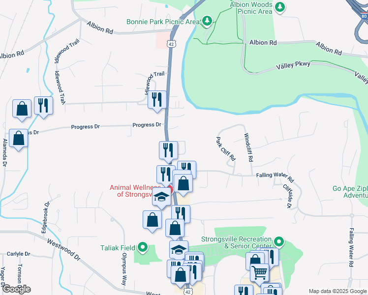 map of restaurants, bars, coffee shops, grocery stores, and more near 11883 U.S. 42 in Strongsville