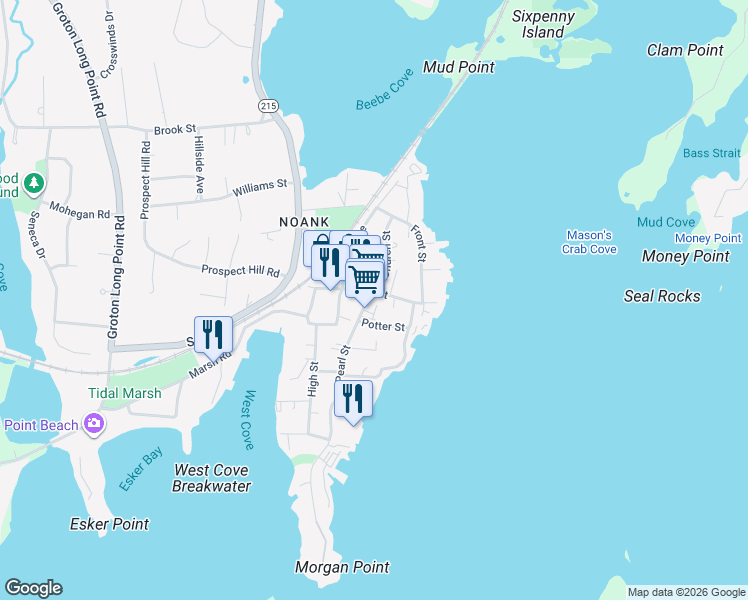 map of restaurants, bars, coffee shops, grocery stores, and more near 17 Pearl Street in Groton
