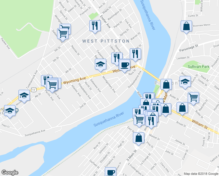 map of restaurants, bars, coffee shops, grocery stores, and more near 34 Delaware Avenue in Pittston