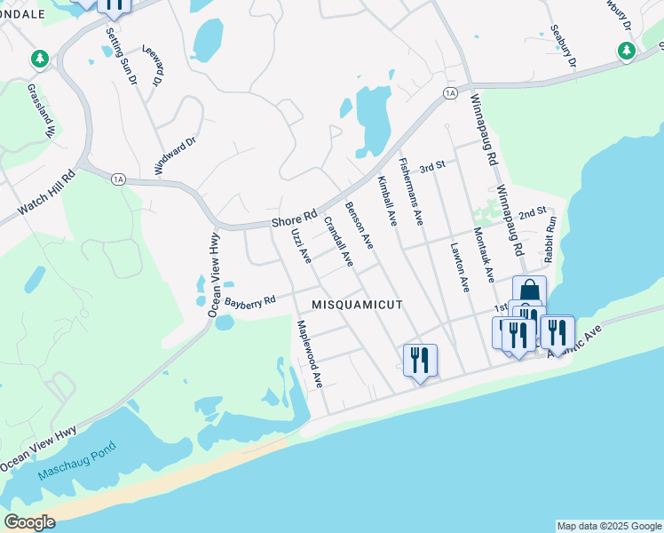 map of restaurants, bars, coffee shops, grocery stores, and more near 59 Uzzi Avenue in Westerly