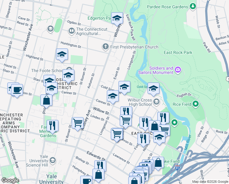 map of restaurants, bars, coffee shops, grocery stores, and more near 206 Livingston Street in New Haven
