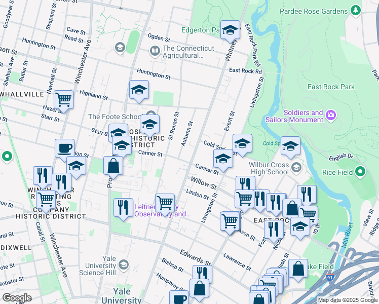 map of restaurants, bars, coffee shops, grocery stores, and more near 524 Whitney Avenue in New Haven