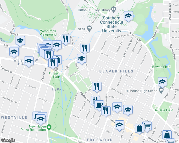 map of restaurants, bars, coffee shops, grocery stores, and more near 215 Blake Street in New Haven