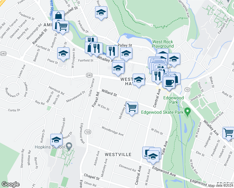 map of restaurants, bars, coffee shops, grocery stores, and more near 50 Barnett Street in New Haven