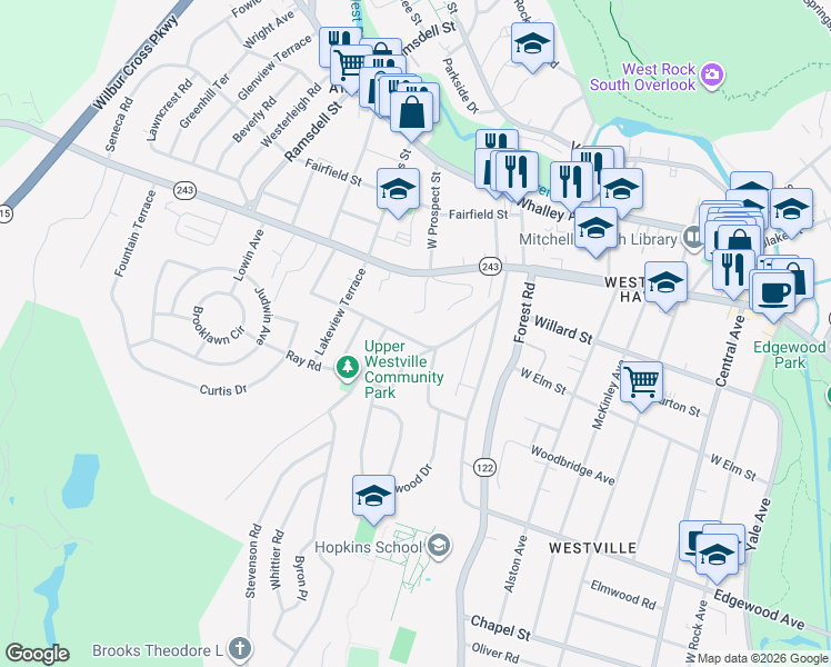 map of restaurants, bars, coffee shops, grocery stores, and more near 5 Hemlock Road in New Haven
